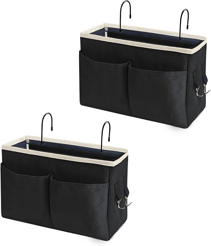 Bedside Caddy/Bedside Hanging Storage Bag Multi-Function Caddy for Bunk bed Hospital Beds Dorm Bed Rails, Holders Books Glasses Phones Magazineï¼2pc Blackï¼