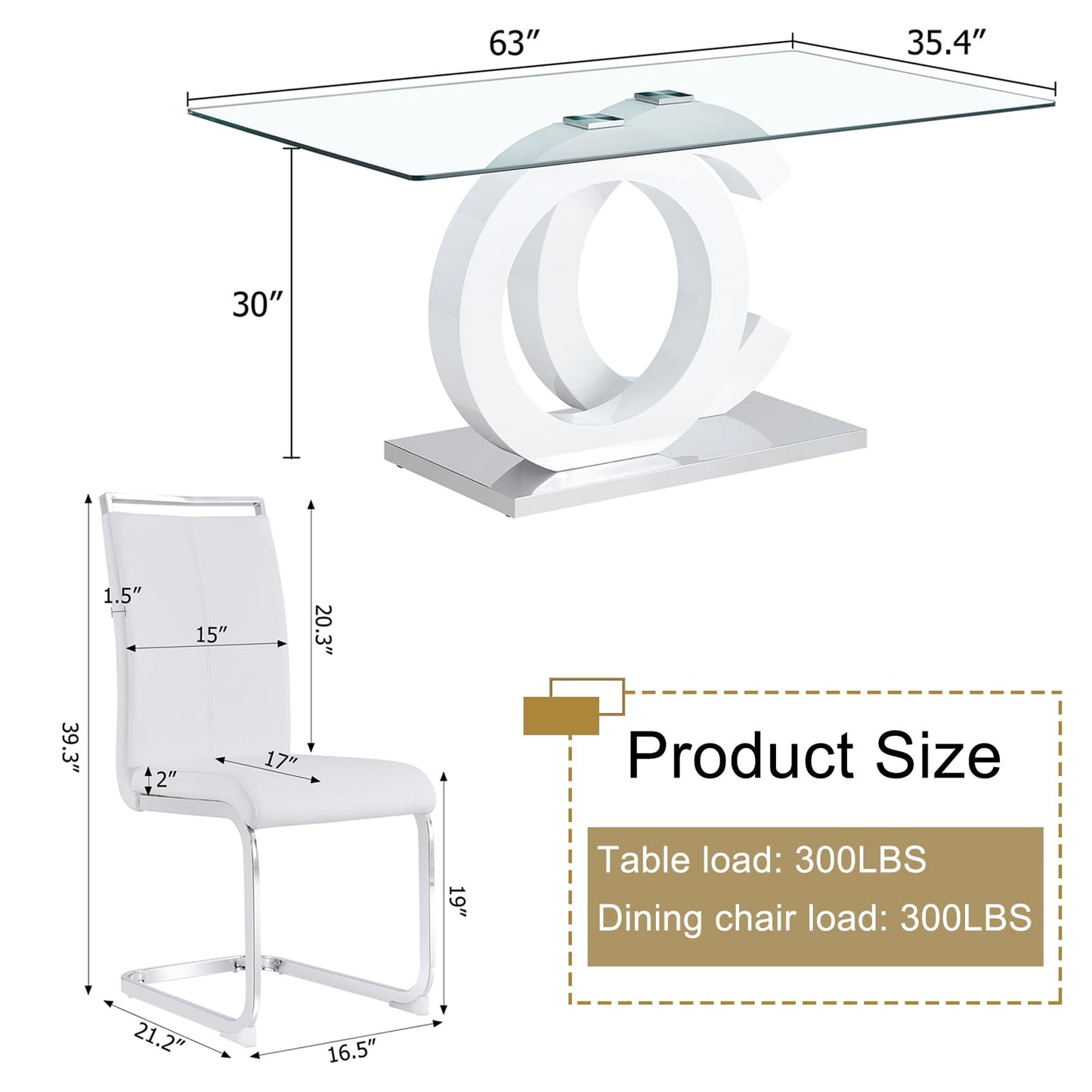 Ebullient Glass Table Set for 6, 7 Piece Set, Tempered Glass Top, White Modern Table with 6 PU Leather Ergonomic Chairs
