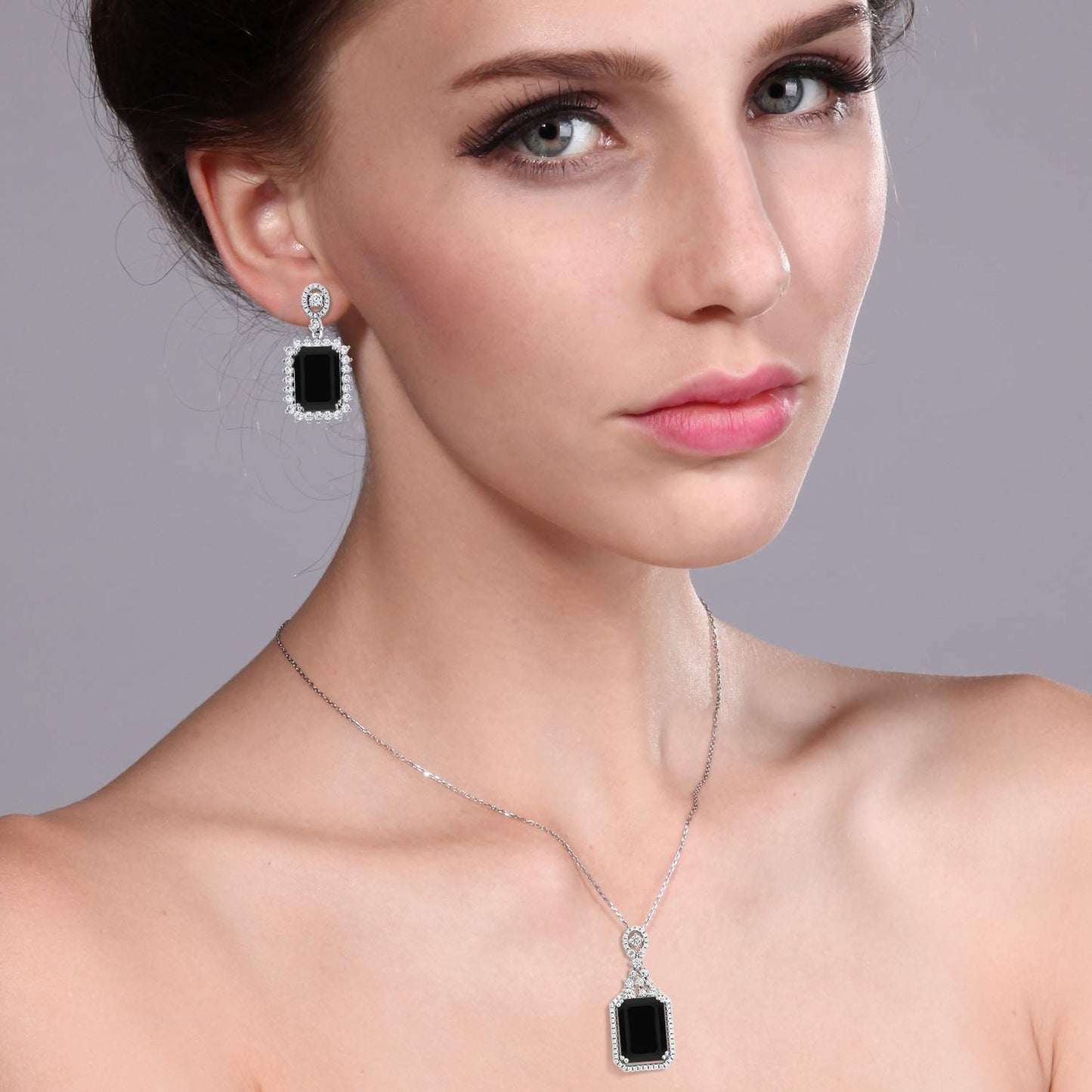 Gem Stone King 20.00 Cttw Black Onyx Pendant and Earrings Jewelry Set For Women | 925 Sterling Silver | Emerald Cut 14X10MM | Gemstone Birthstone | With 18 Inch Chain