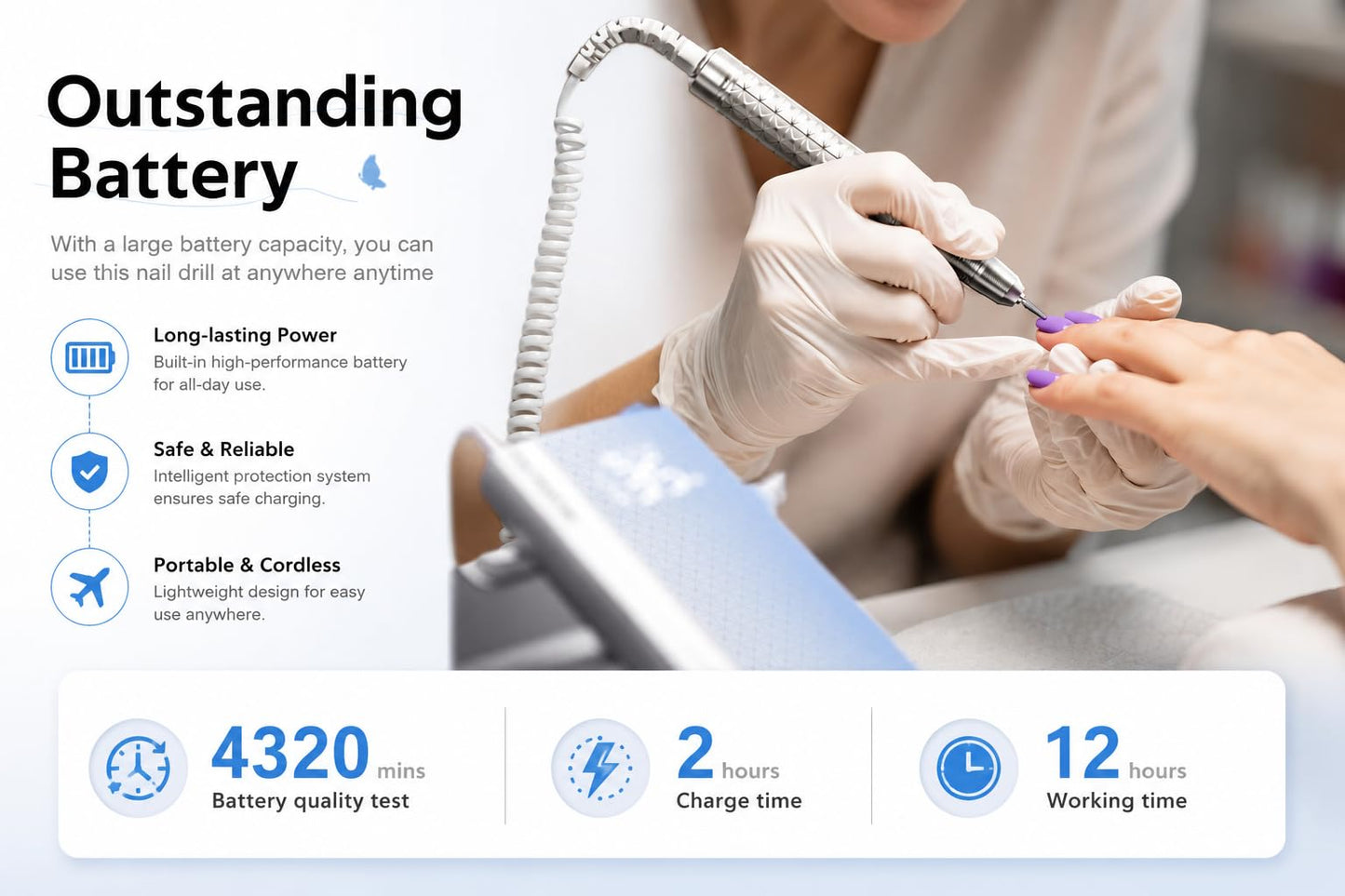 M Pro Spin Nail Drill 60W Brushless Motor 35,000 RPM, Cordless Rechargeable Electric Nail File, Professional E File Machine for Acrylic Gel Nails, Low Noise Portable Salon Use β Blue