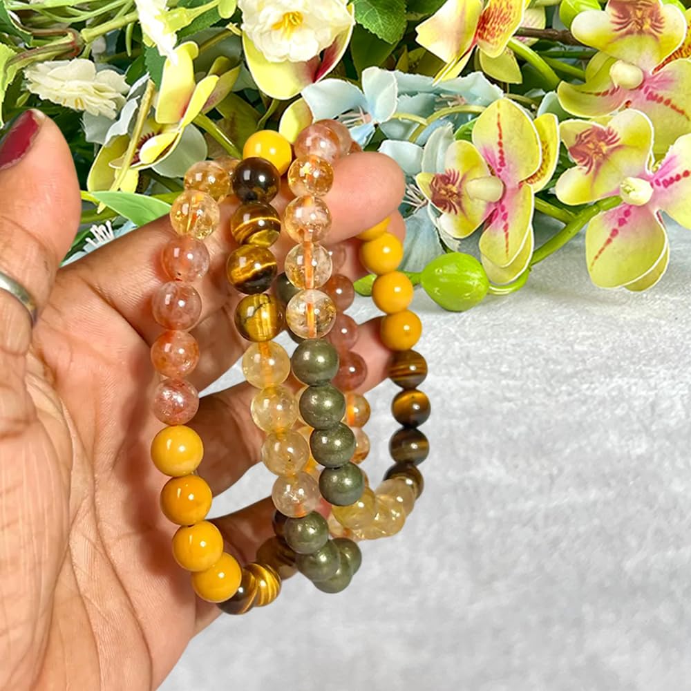 Solar Plexus Chakra Crystals Carnelian, Citrine, Tiger Eye, Peach Moonstone Round Beaded Stretchable Bracelet