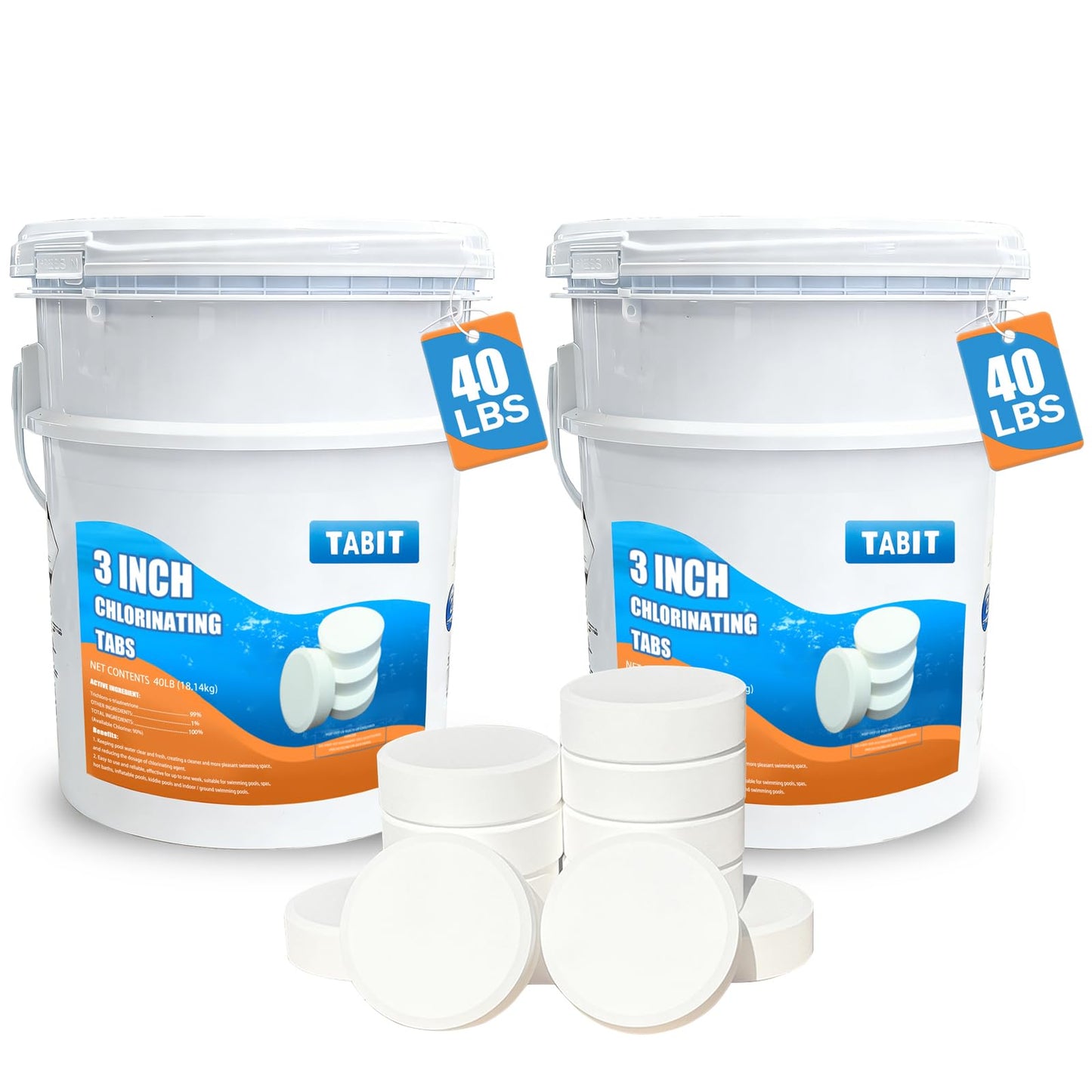 TABIT 80 lbs Chlorine Tablets 3 Inch for Swimming Pools â Slow Dissolving & Long Lasting â 99% Available Chlorine Tri-Chlor â Kills Bacteria & Stops Algae â 2 x 40 lb Buckets