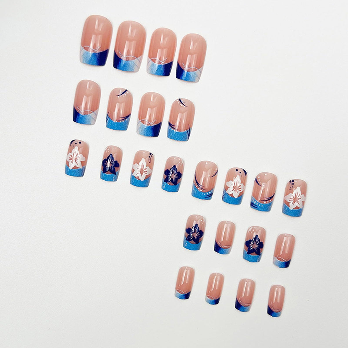 IMRAIN 48Pcs Press on Toe Nails Short Square Fake Toenails Blue French Tips Acrylic False Nails with White Flower Designs Full Cover Glossy Glue on Toe Nails Summer Artificial Nail Supplies
