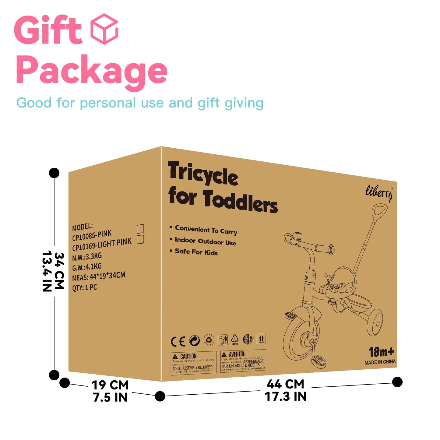 Liberry 2 in 1 Toddler Tricycle Age 2 3 4 Years Old, Kids Trike with Adjustable Push Handle, Bell & Basket, 3 Wheel Bike Riding Toy Birthday Gift for Girls Boys, Pink