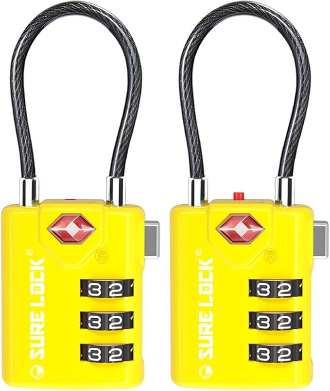 SURE LOCK TSA Approved Combination Luggage Locks with Open Alert Indicator â Durable Zinc Alloy Cable Travel Locks with Large Easy-Read Dials for Suitcases, Backpacks & Gym Bags(2, Yellow)