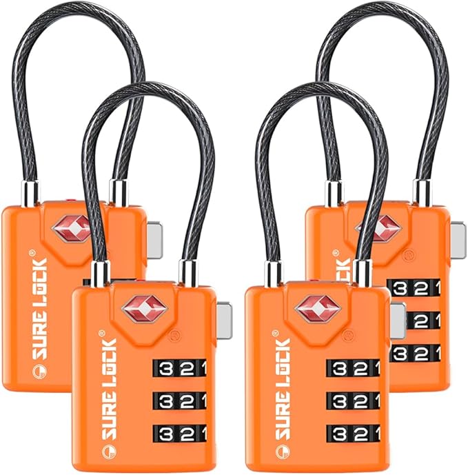 SURE LOCK TSA Approved Combination Luggage Locks with Open Alert Indicator â Durable Zinc Alloy Cable Travel Locks with Large Easy-Read Dials for Suitcases, Backpacks & Gym Bags Orange 4 Pack