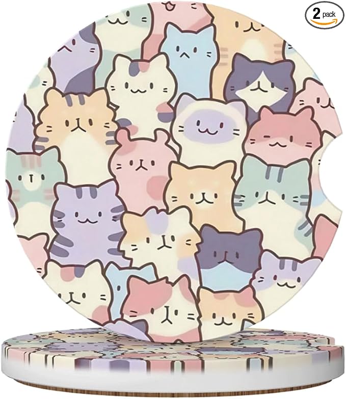 Car Cup Holder Coasters, 2 Pcs Ceramic Coasters with Cork Back and Finger Slot, Anti-Slip Shock Absorbing Women and Men Universal Car Accessories - Smiling Cat