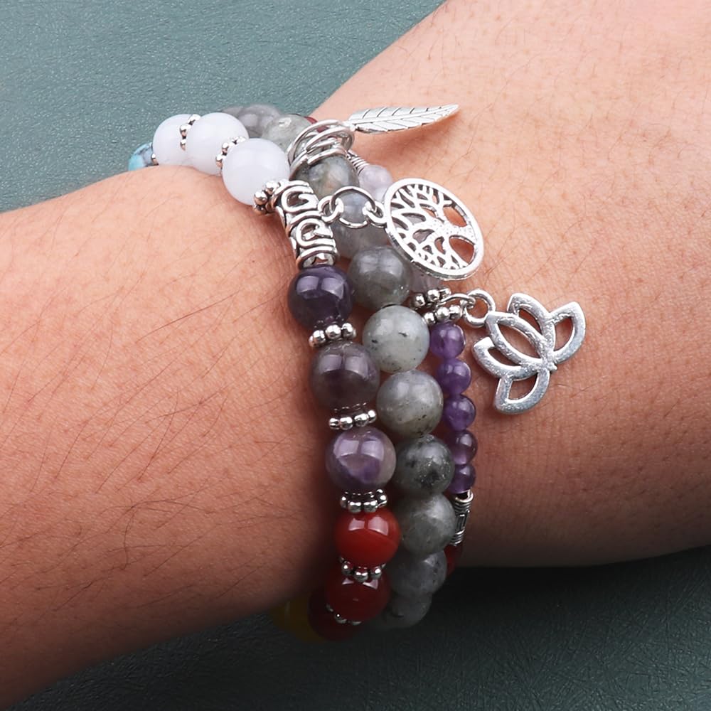 UEUC Natural Gemstone Chakra Bracelets for Women, Multilayer Tree of Life Lotus Crystal Healing Stone Bracelet Sets, Yoga Meditation Reiki Relax Bracelets for Stress Relief(#105)