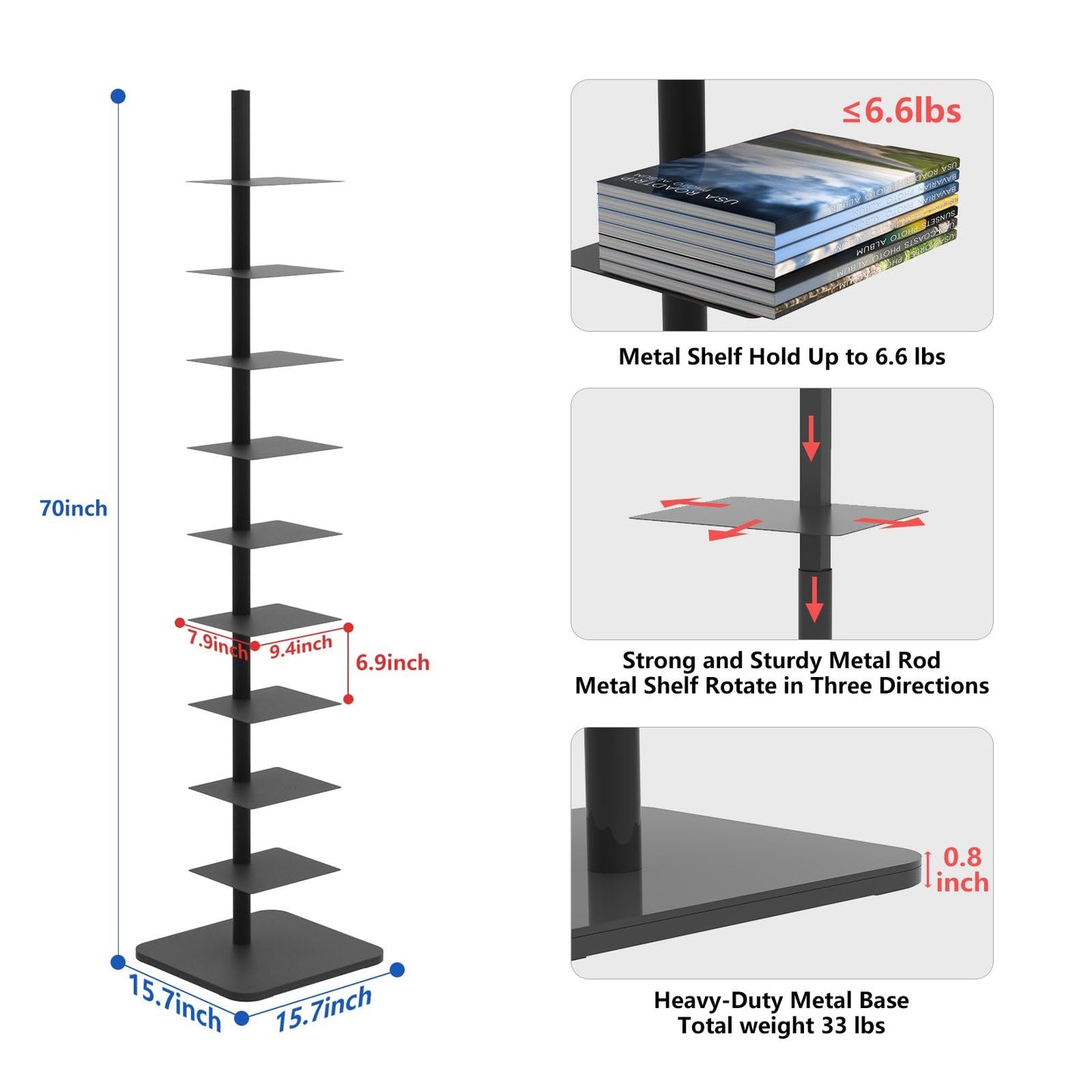 Choowin 9-Shelf Metal Spine Bookshelf Vertical Bookshelf, Adjustable Modern Floating Narrow Tree Book Shelf Book Tower, Display Shelf for Bedroom Living Room Office, 70 inch Tall, Black