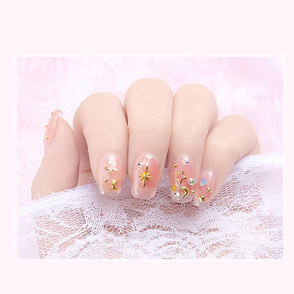 WOKOTO 6 Boxes Gold Nail Charms Studs Rose Star Moon Feather Shape Metal Nail 3D Charm Kit 3D Nail Art Jewelry Decoration with 1Pc Tweezers and Picker Pencil Tools