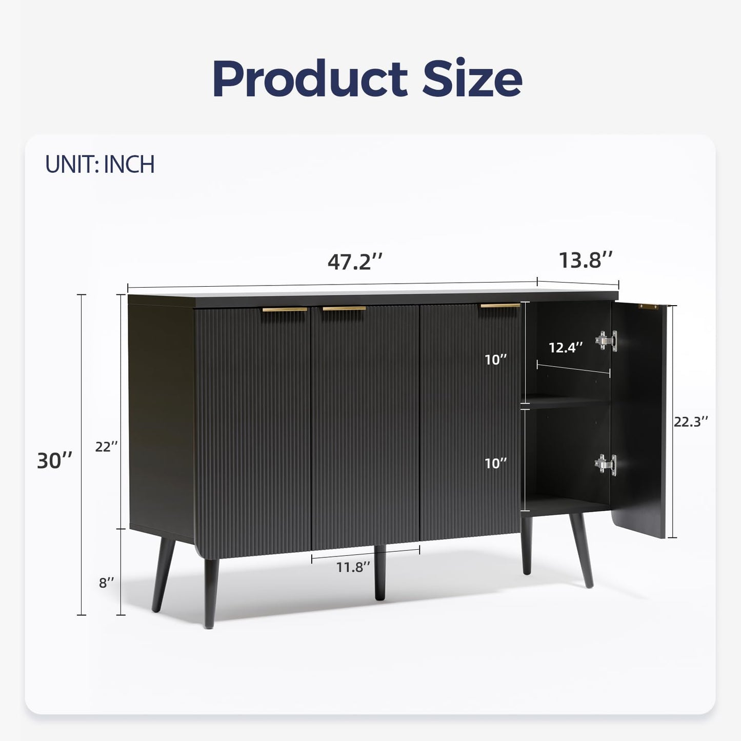 Trygoal 47.2" Wood Fluted Sideboard with 4 Doors, Modern Buffet Cabinet with Shelves, Multi-Space Storage Credenza Kitchen for Entryway, Dining & Living Room, Black