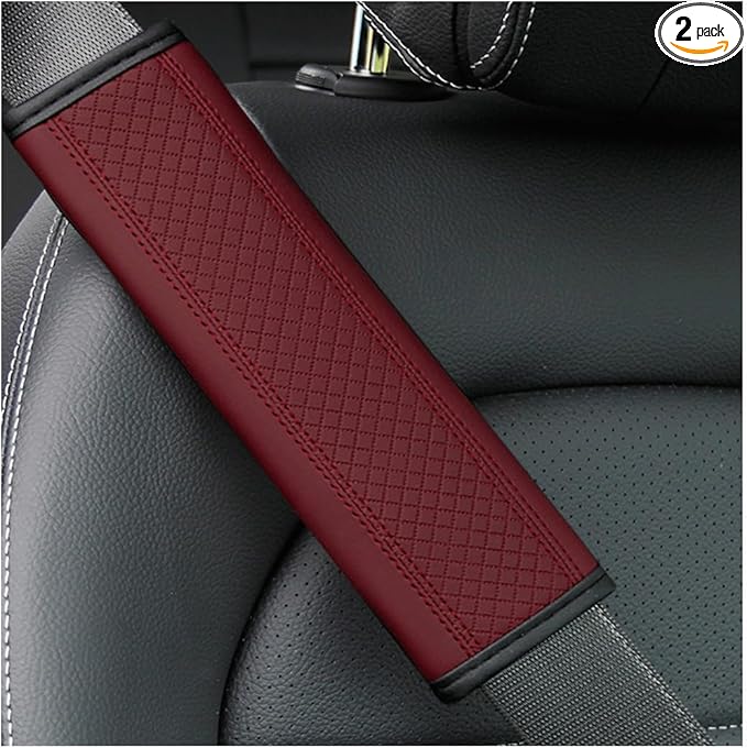Car Seat Belt Pads, 2 Pack Fiber Leather Seatbelt Shoulder Strap Covers, More Comfort Driving & Protect Your Neck, Universal Safety Strap Cover for Auto SUV Truck Airplane Backpack (Wine Red)