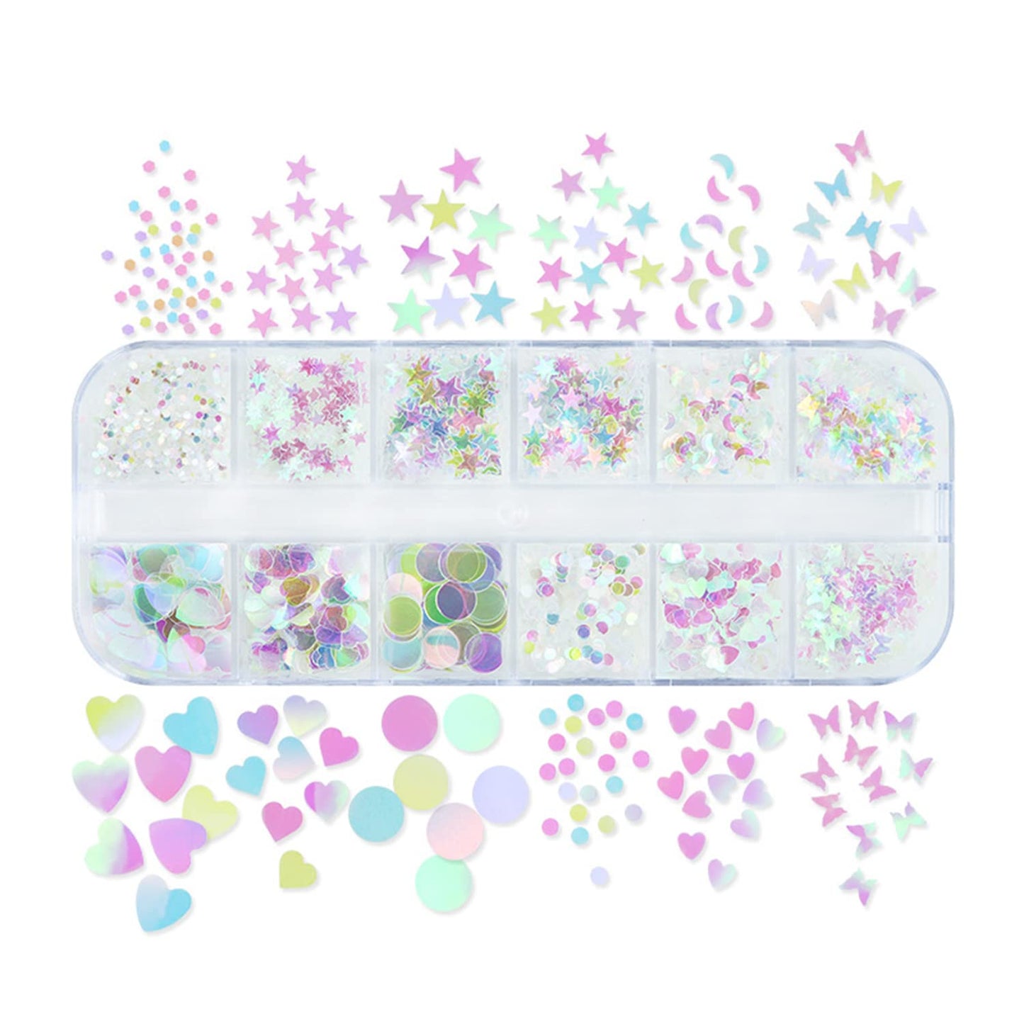 Nail Art Glitter Sequins, 3D Clear Iridescent Ultra-Thin Nail Art Glitter Flakes Designs, Mermaid Love Heart Butterfly Star Moon Round Shapes Nail Glitter Slices for Women Manicure Charms Decorations