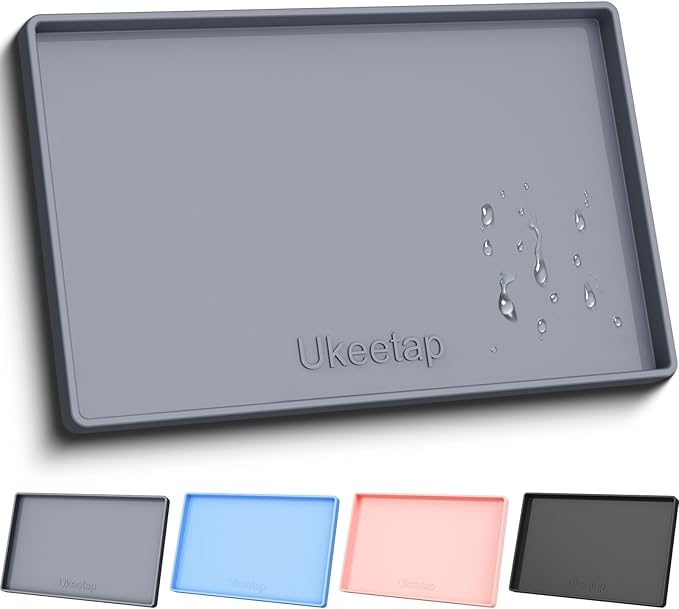 ukeetap Extra Thick Silicone Mat Waterproof with Raised Edge 19â x 12â, BPA Free Non-Slip Dog & Cat Food Mat, Feeding Mat for Food and Water Bowls, Spill Proof Mat to Protect Floors, Gray