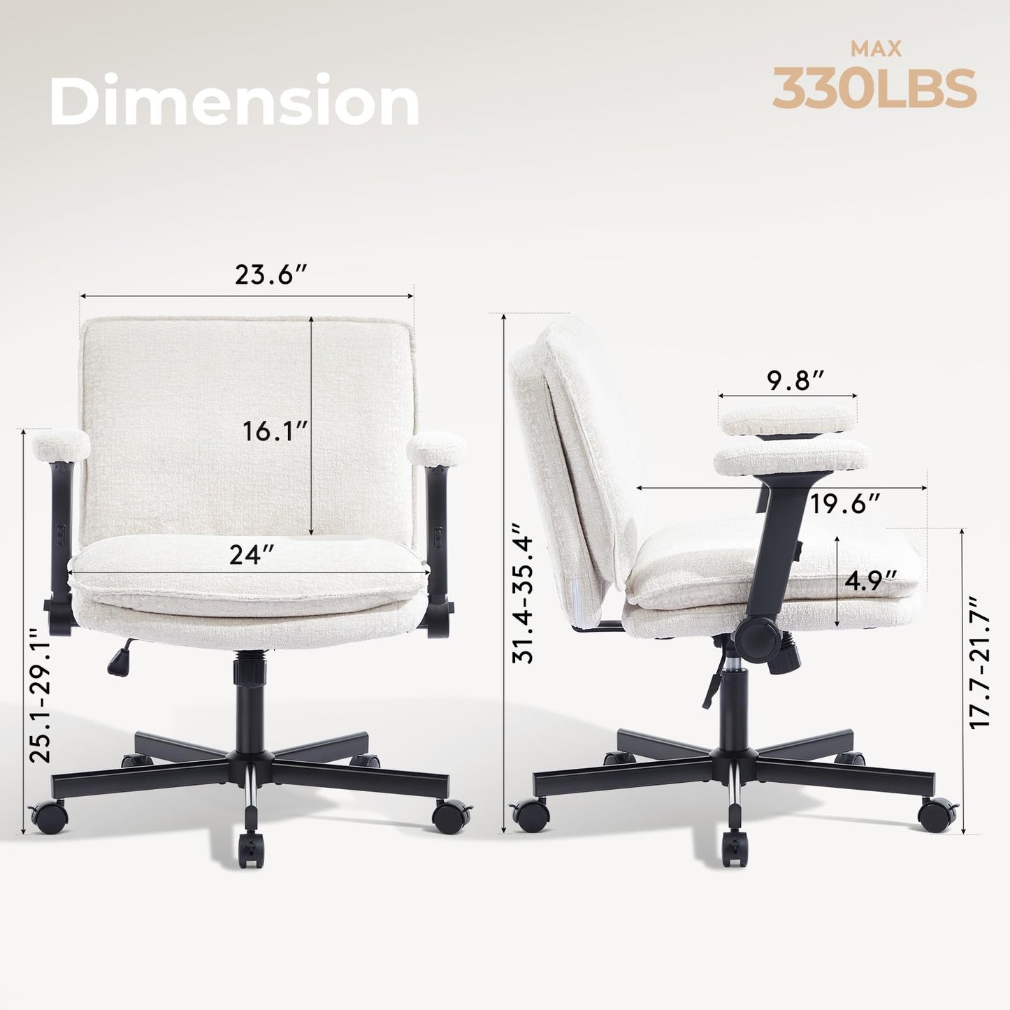 Morkprism Criss Cross Chair with Flip-Up Arms and Lockable Wheels, Plush Fabric Cross Legged Office Desk Chair,Wider 125°Tilting Adjustable Swivel Chai r for Home, Apartment, Bedroom,Pearl White