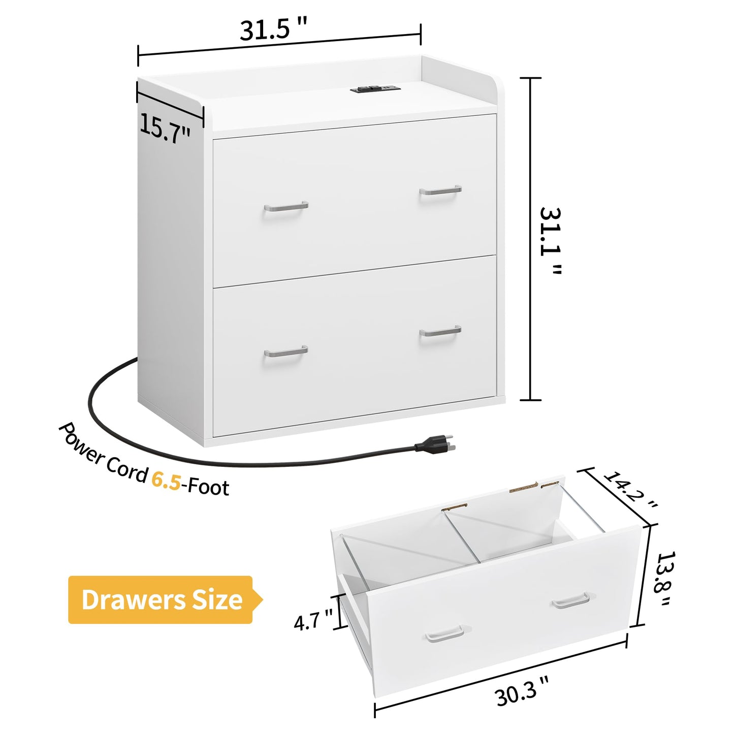 DWVO File Cabinet with Charging Station, 2 Drawer Lateral Filing Cabinet with Storage, Large Printer Stand for Home Office Living Room, Fits A4 Legal Letter Documents, White