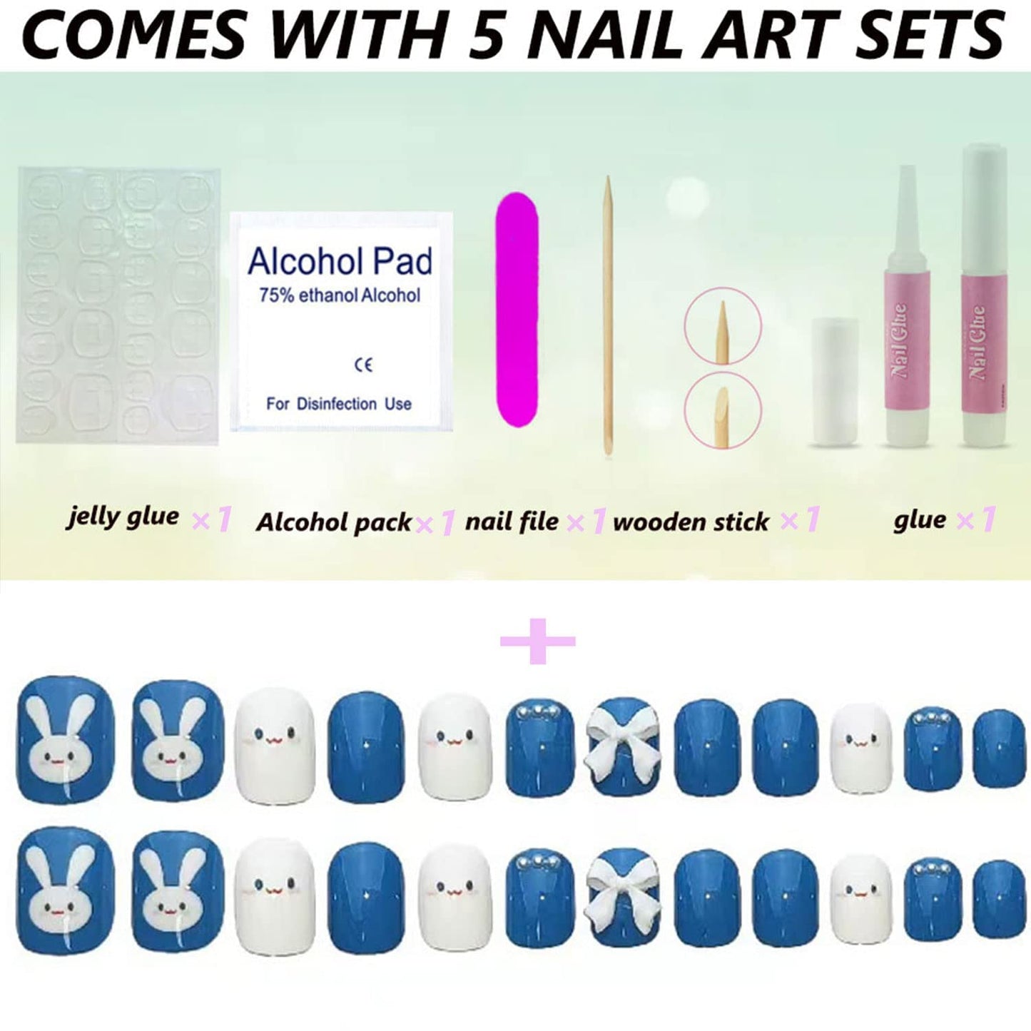 Cute Fake Press on Nails for Women Kid Cute Rabbit Fake Nails Pre-glue Short Full Cover False Nail Tips Stick on Nails Lovely Gift Girls Nail Art Decoration -Blue…