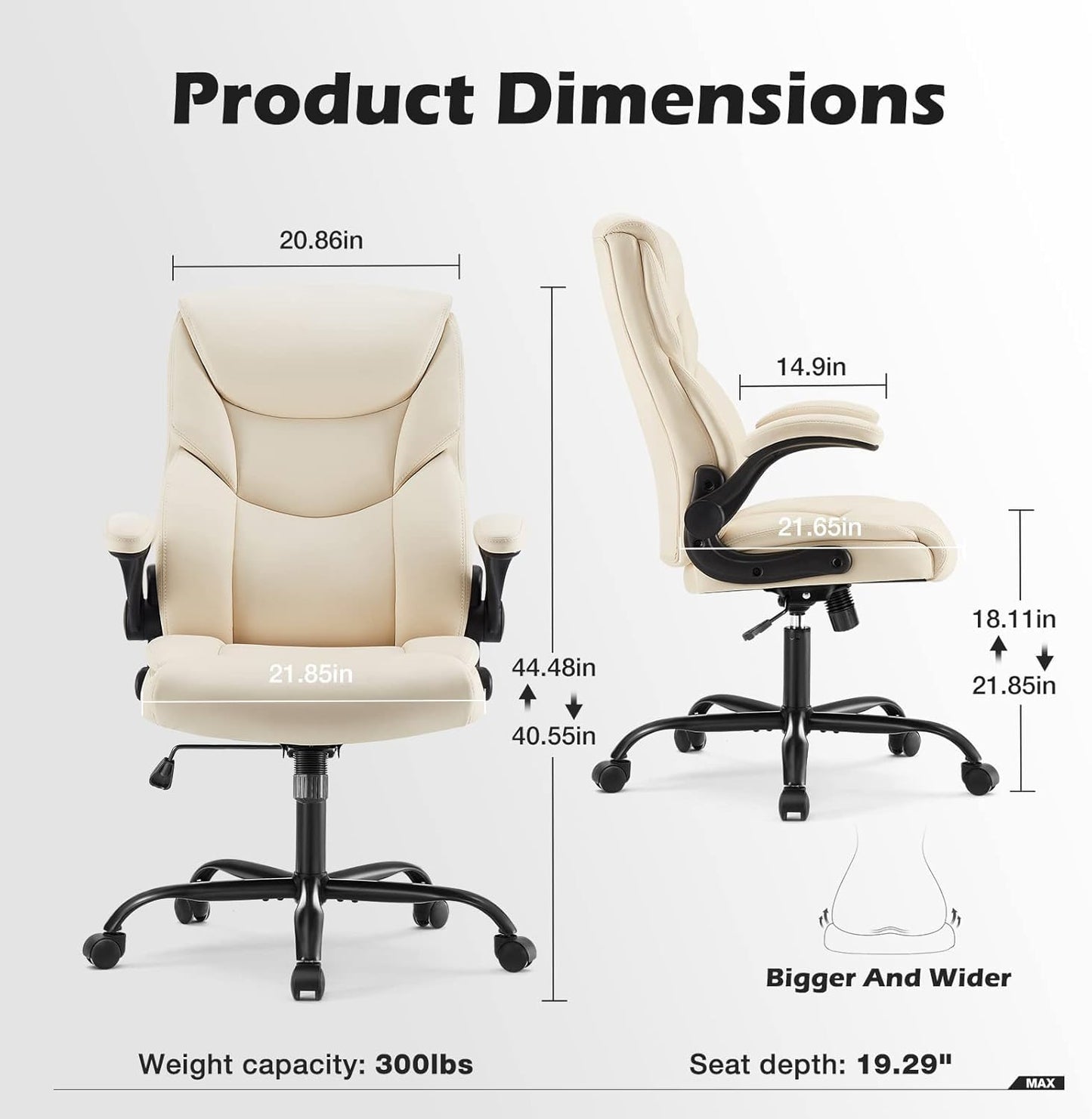 DUMOS Office Chair Set of 2 - Ergonomic Executive Computer Desk Chairs with Adjustable Flip-up Armrest, Swivel Task Chair with Lumbar Support, Strong Metal Base, PU Leather, Cream White