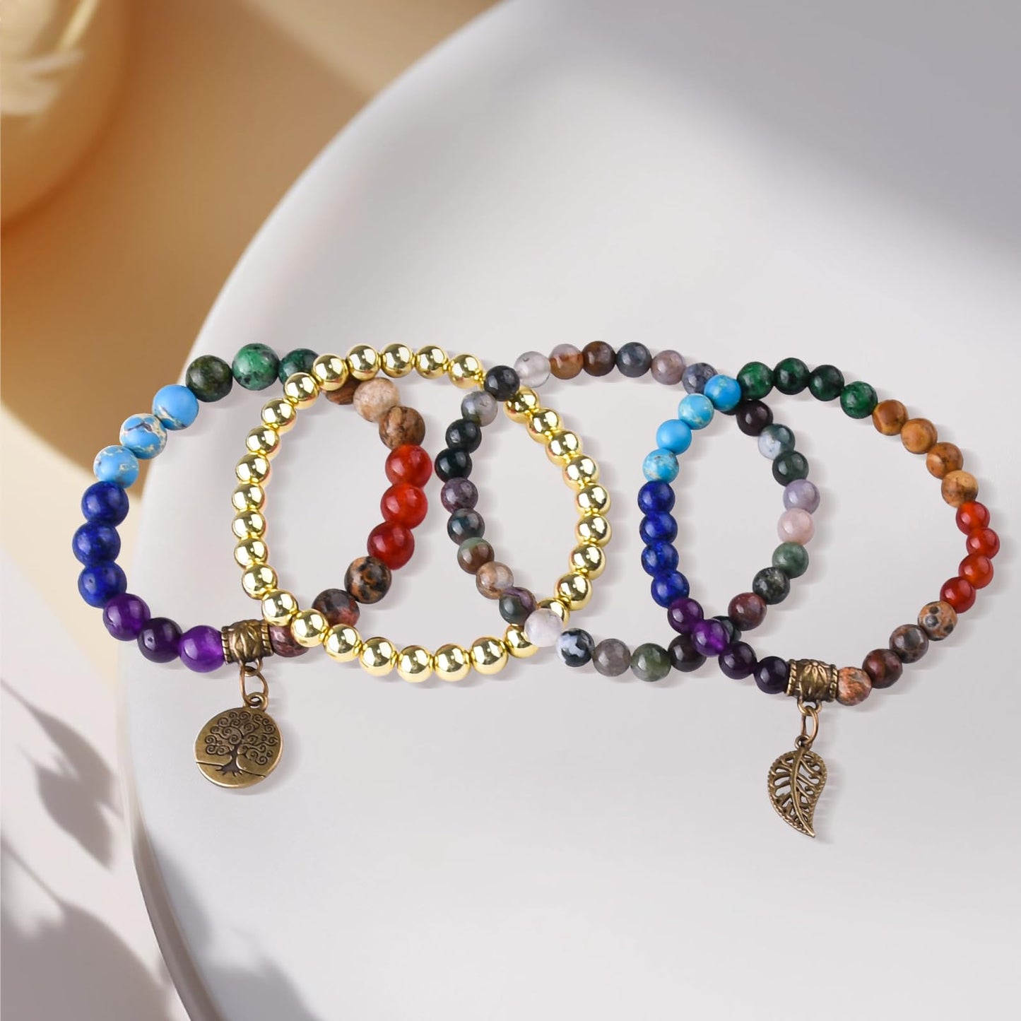 JTK Design Natural Semi Precious Gemstone beads bracelet for women Seven Chakra Healing Crystal Stretch Stackable Bracelets with Yoga Charms 4in1 set