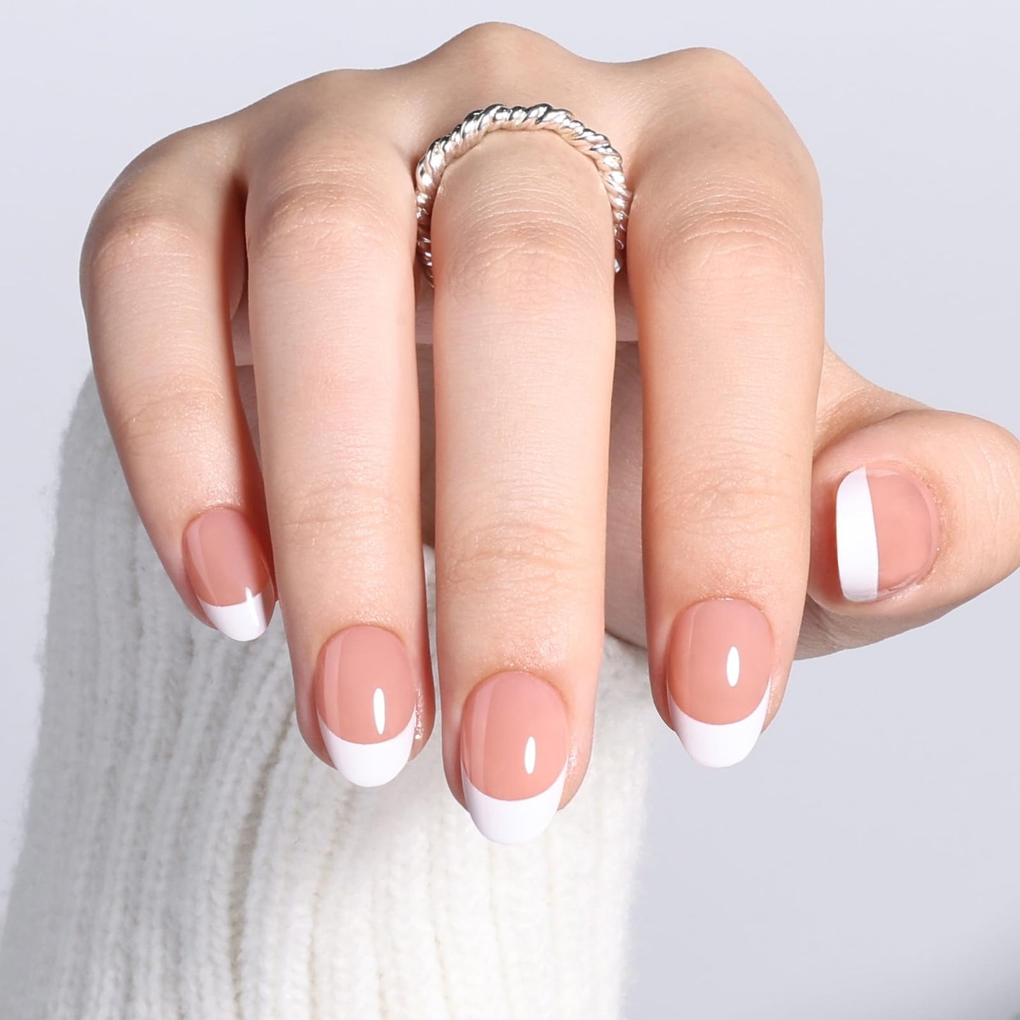 Short Almond French Tip Press On Nails - Sheer Pink Nude French Press on Nails with Defined French Tips for Women, Reusable Glossy Fake Nail Kit with Glue and Adhesive Tabs, 32 PCS in 16 Sizes