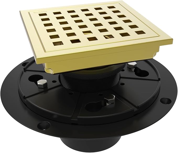 WEBANG 4 Inch Square Shower Floor Drain with Flange,Quadrato Pattern Grate Removable,Food-Grade SUS 304 Stainless Steel,Watermark&CUPC Certified, Brushed Gold