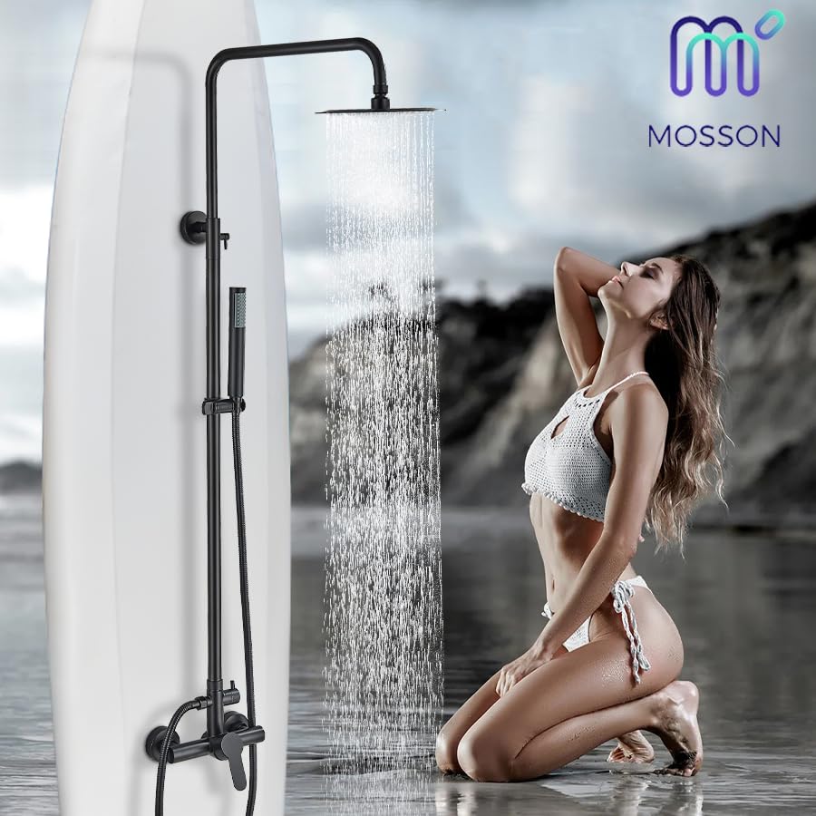 MOSSON Shower System Matte Black Outdoor Shower Fixtures with 8" Rain Shower Head Handheld Sprayer Single Handle 304 Stainless Steel Wall Mounted Shower Shower Faucet Combo for Bathroom or Backyard