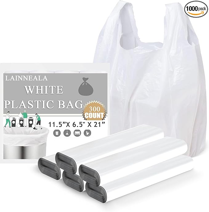 LainNeala T Shirt Bags, 1000 Count, With Handles - Recyclable White Plastic (11"x 6"x 21")