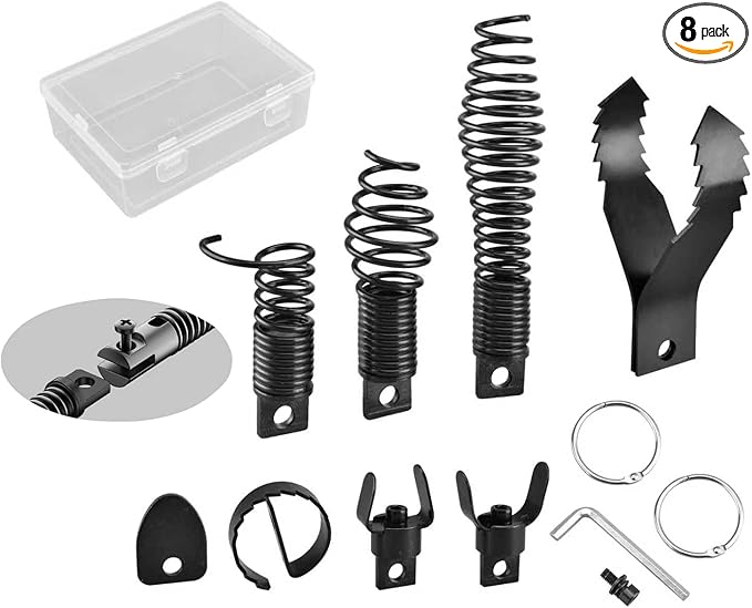 8-Piece Drain Snake Kit for 5/16" to 3/4" Cables â Heavy-Duty Manganese Steel Cutters for Roots, Grease & Stubborn Clogs â Includes Storage Case & Metal Ring