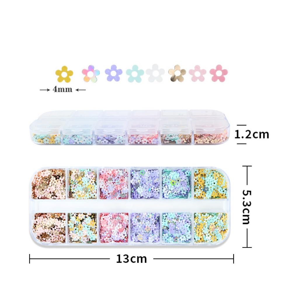 1 Box 6 Color Holographic Flower Nail Glitter Laser Aurora Pink Nail Sequins 3D Blue Purple Nail Flakes Sparkly Powder Flakes Shiny Nail Glitter Colorful Nail Sequins Glitter for Nails Art 12 Grids
