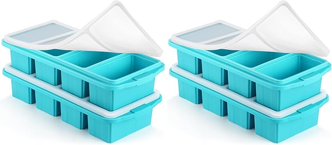 Silicone Freezer Tray With Lid - Silicone Freezer Food Molds- Large Ice Cube Tray,Silicone Freezer Container,Freeze & Store Soup, Sauce, Broth,Leftovers - Makes 4 Perfect 1 Cup (Pack of 2)