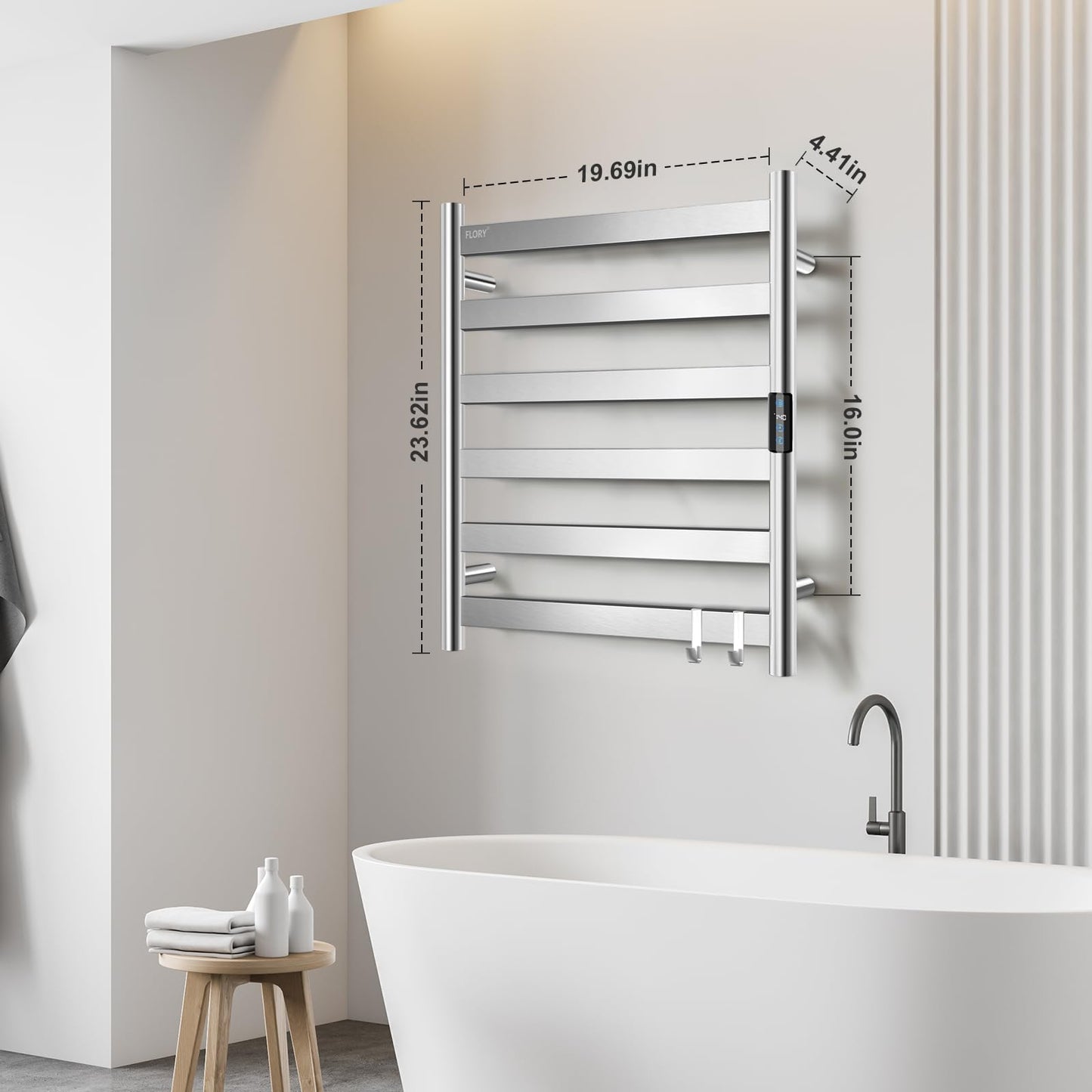 R FLORY Heated Towel Rack for Bathroom, 6 Bar Wall Mounted Towel Warmer Rack Flat with Timer & Temperature, Electric Towel Heater with LED Display Screen, Plug-in