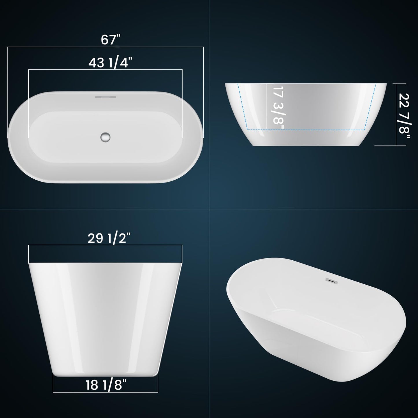 Freestanding Bathtub 67 inch Acrylic Soaking Bathtub with Chrome Drain & Overflow, Free Standing Bathtub for Spa-Inspired Bathroom, Deep Stand Alone Tub for Relaxation