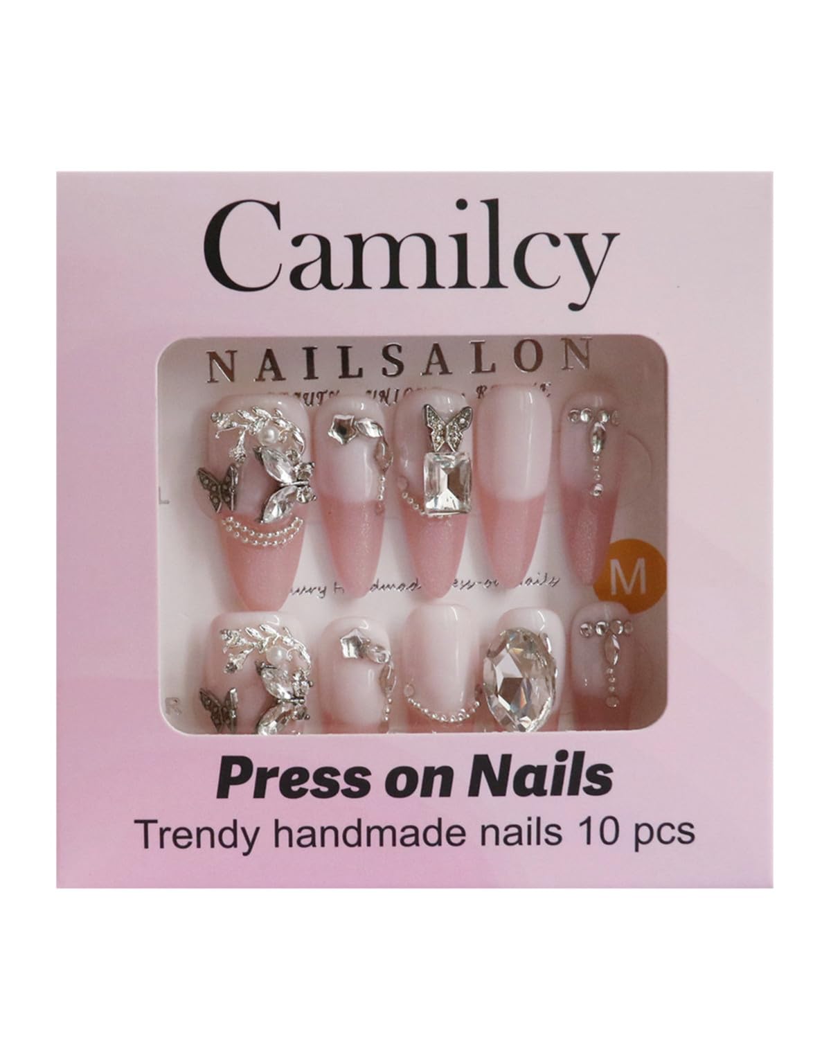 CAMILCY Press on Nails Handmade Nails Luxury Reusable Fake Nails For Girls long Almond armor pink Diamonds HandPainted Salon Loveful Design Acrylic GelUV Finished 3D Nails 10PCS (A017, M)
