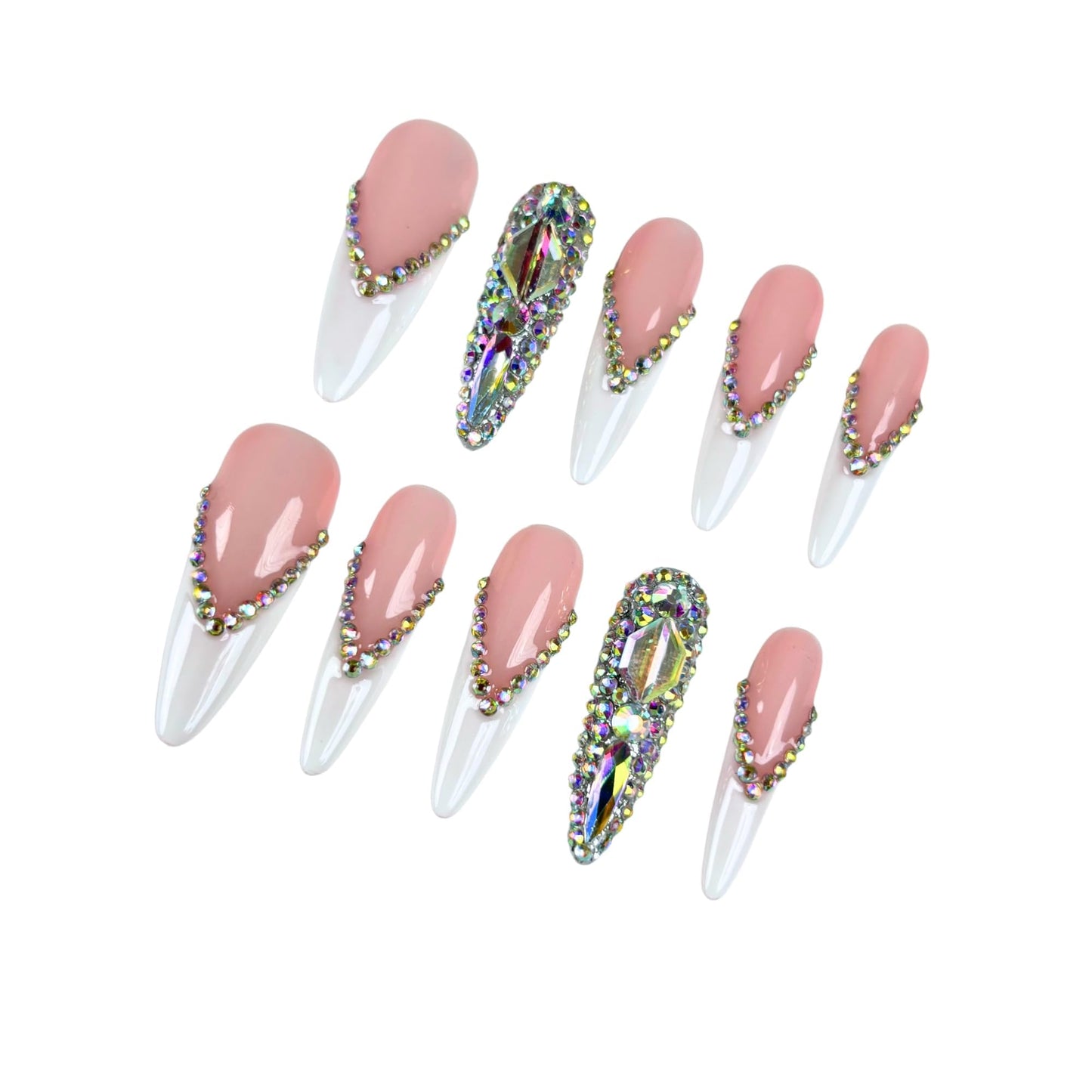 Yabonica Handmade French Tip Press On Nails Stiletto,10Pcs False Nails Press Ons with 3D Bling Rhinestones Design,Long Lasting&Reusable Glue On Fake Nail for Woman Girls Party Daily Wear Gift (039S)