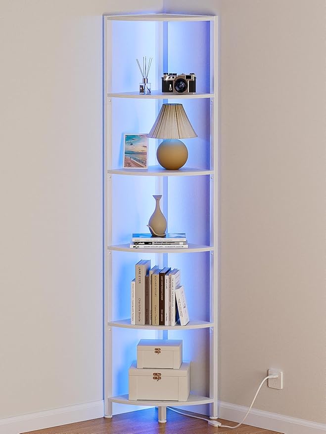 Furnulem 6 Tier Corner Shelf with LED Light, 67.5â Tall Standing Shelf Organizer, White Narrow Bookshelf with Storage Rack for Wall Corner, Living Room, Bedroom, Metal Frame, Wood Display Shelf