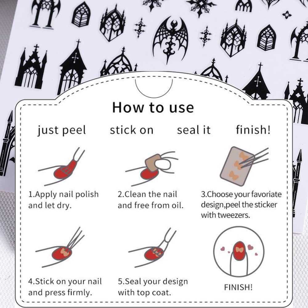 7 Sheets Black Gothic Nail Stickers for Nail Art, 3D Self-Adhesive Witchy Halloween Nail Decals, Nail Supplies Nail Art Designs Accessories for Women and Girls Manicure DIY Decoration