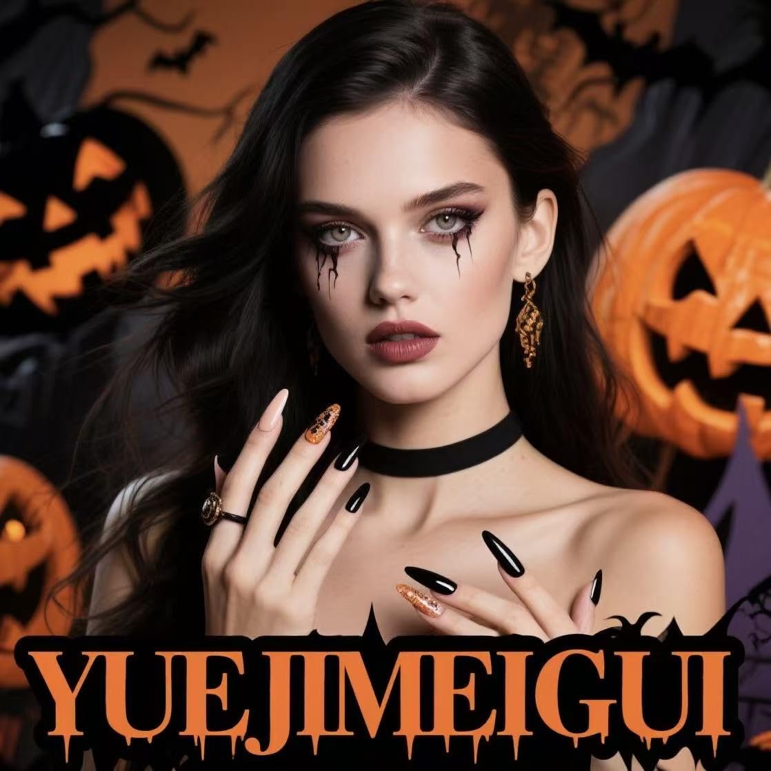 24Pcs Halloween Ghost Press on Nails Short Square Fake Nails with Glitter Pumpkin Designs False Nails Black Forest French Artificial Acrylic Stick on Nails for Women Halloween Medium Decoration