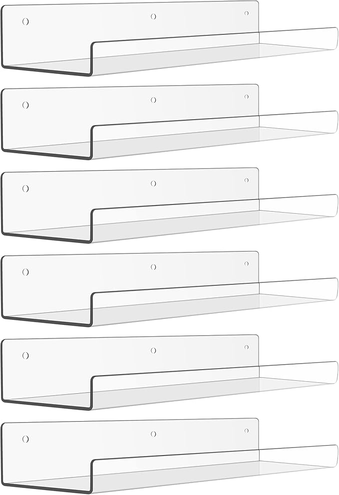 upsimples 6 Pack Acrylic Shelves for Wall Storage, 15" x 4â Floating Bookshelves for Kids, Display Shelf Organizer for Bathroom, Bedroom, Living Room, Kitchen, Room Decor, Clear