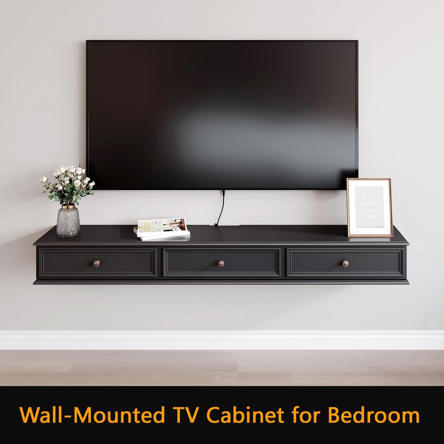 YeTrini 70-inch Wall-Mounted TV Stand, Accommodates 50- to 75-inch TVs, Features Hidden Cable Management, high Weight Capacity, and Space-Saving Black Floating TV Stand