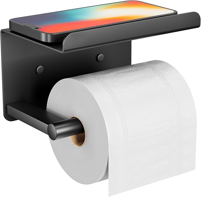 Adhesive Toilet Paper Holder with Phone Shelf, Wall Mounted Toilet Paper Roll Holder, Rustproof Bathroom Tissue Roll Holder with Shelf, Sticky Toilet Paper Roll Holder- Matte Blackâ¦