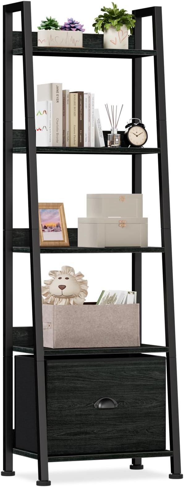 Furologee 5-Tier Ladder Shelf, Narrow Ladder Bookshelf with Drawer, 55.6âÂÂTall Industrial Bookcase Storage Rack Organizer, Freestanding Storage Shelve for Living Room, Home Office, Bedroom, Black Oak