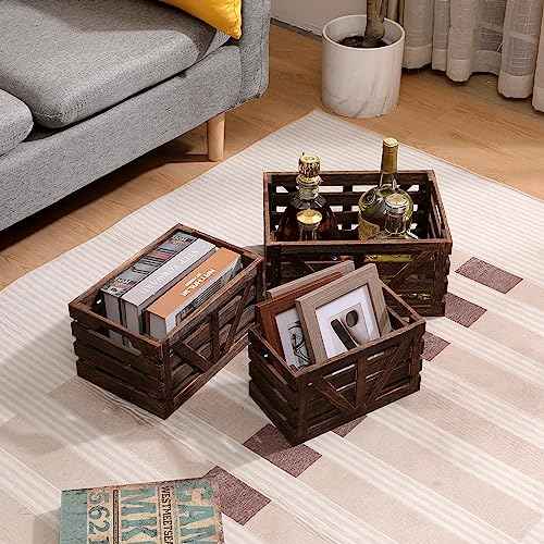 Wooden Storage Crates Nested Crates Set of 3 (Large,Medium,Small),Farmhouse Decorative Boxes with Handles for Home Organization,Display,Brown Wood Crates