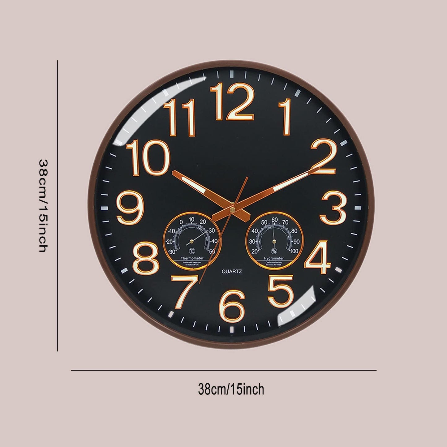 Modern Wall Clock, 15" with Thermometer Digital Clock, Household Arabic Numerals Non-Ticking Decorative Wall Watch Battery Operated Mute Movement for Living Room Bedroom Office School Hotel