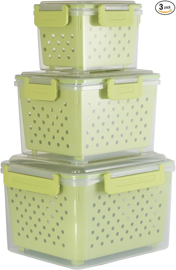 Set of 3 Fruit Storage Containers for Fridge with Removable Colander and Handle Lid, 4.6qt|2.5qt|1qt Dishwasher Microwave Safe, Keep Berry Fresh Longer (Light Green)