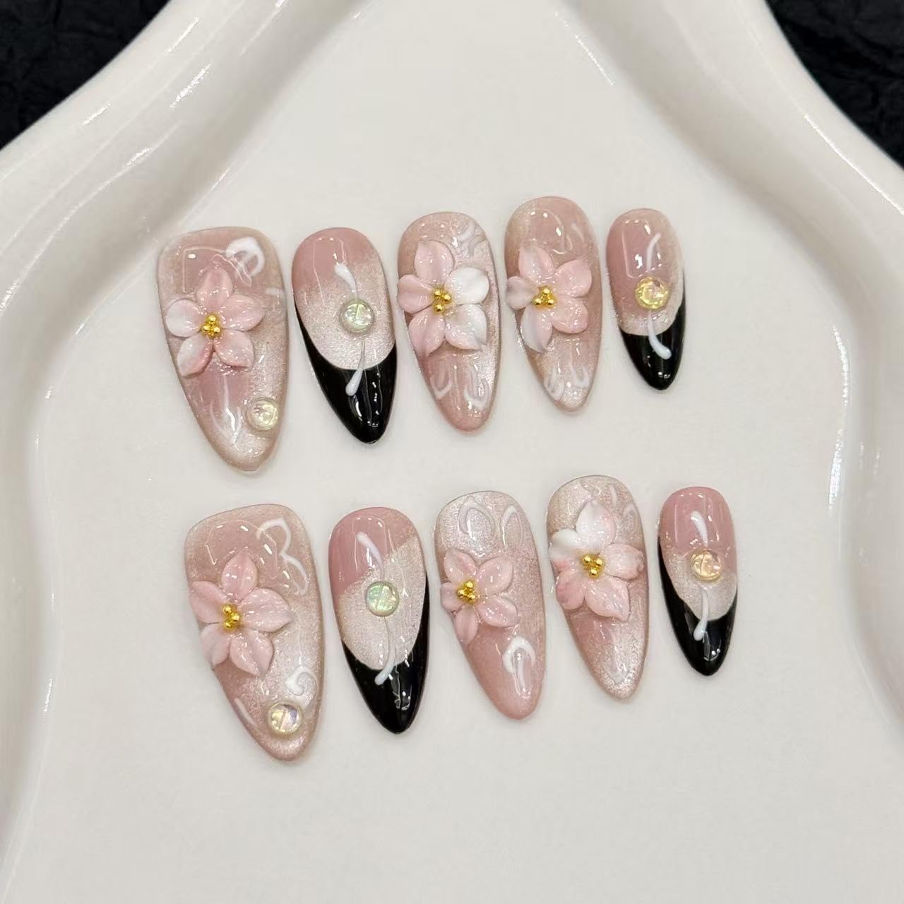 FANTACIEL Handmade Press On Nails Almond Shape, Pink Blossom Floral False Nails, 3D Carving Full Cover Glue On Nails, Cute Acrylic Fake Nails for Women DIY Manicure & Daily Wear (Pink, M)