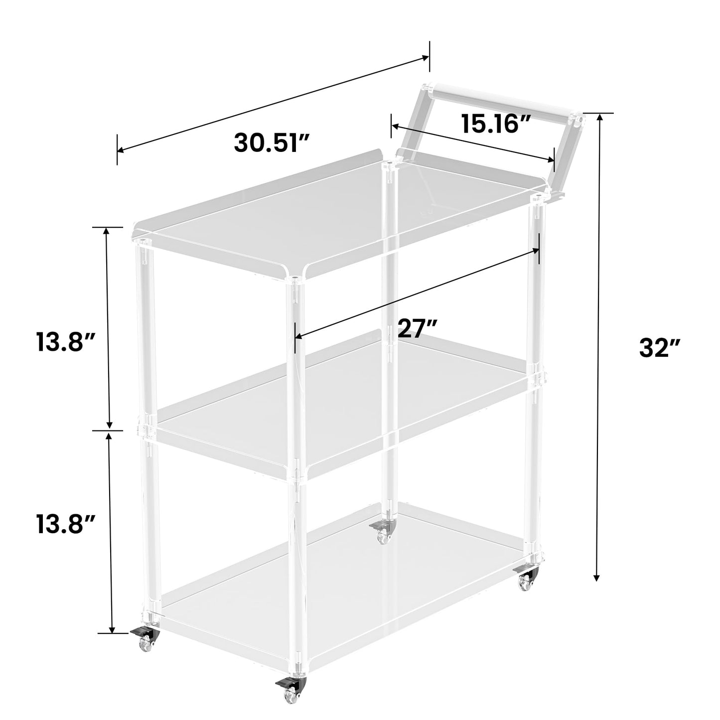 Dethan Acrylic Bar Cart with Lockable Wheels, Rolling Serving Cart with Pulling Handle, 3-Tier Clear for Home Bar, Kitchen, Living Room, Portable Beverage Space-Saving Modern Acrylic Trolley
