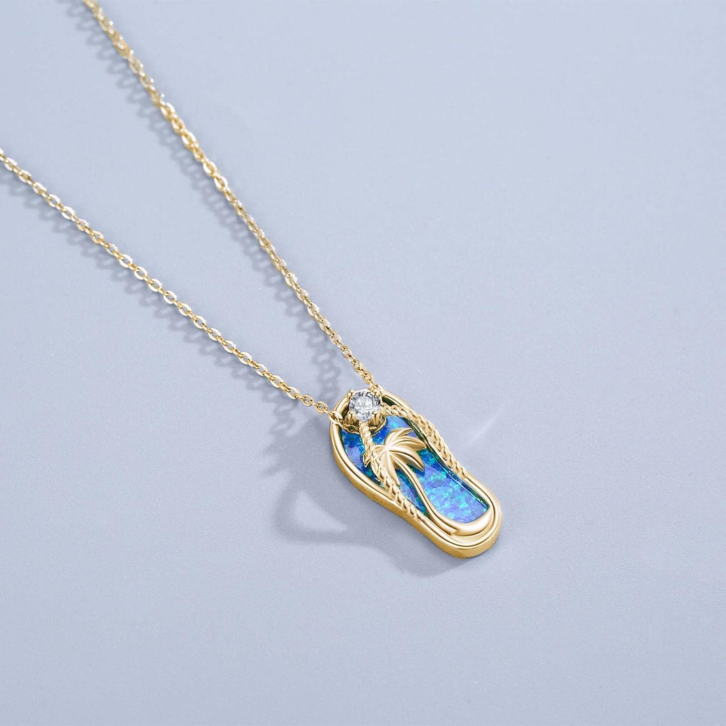 Midir&Etain 14K Gold Plated Beach Themed Jewelry – Blue Opal Flip Flops Necklace and Earrings