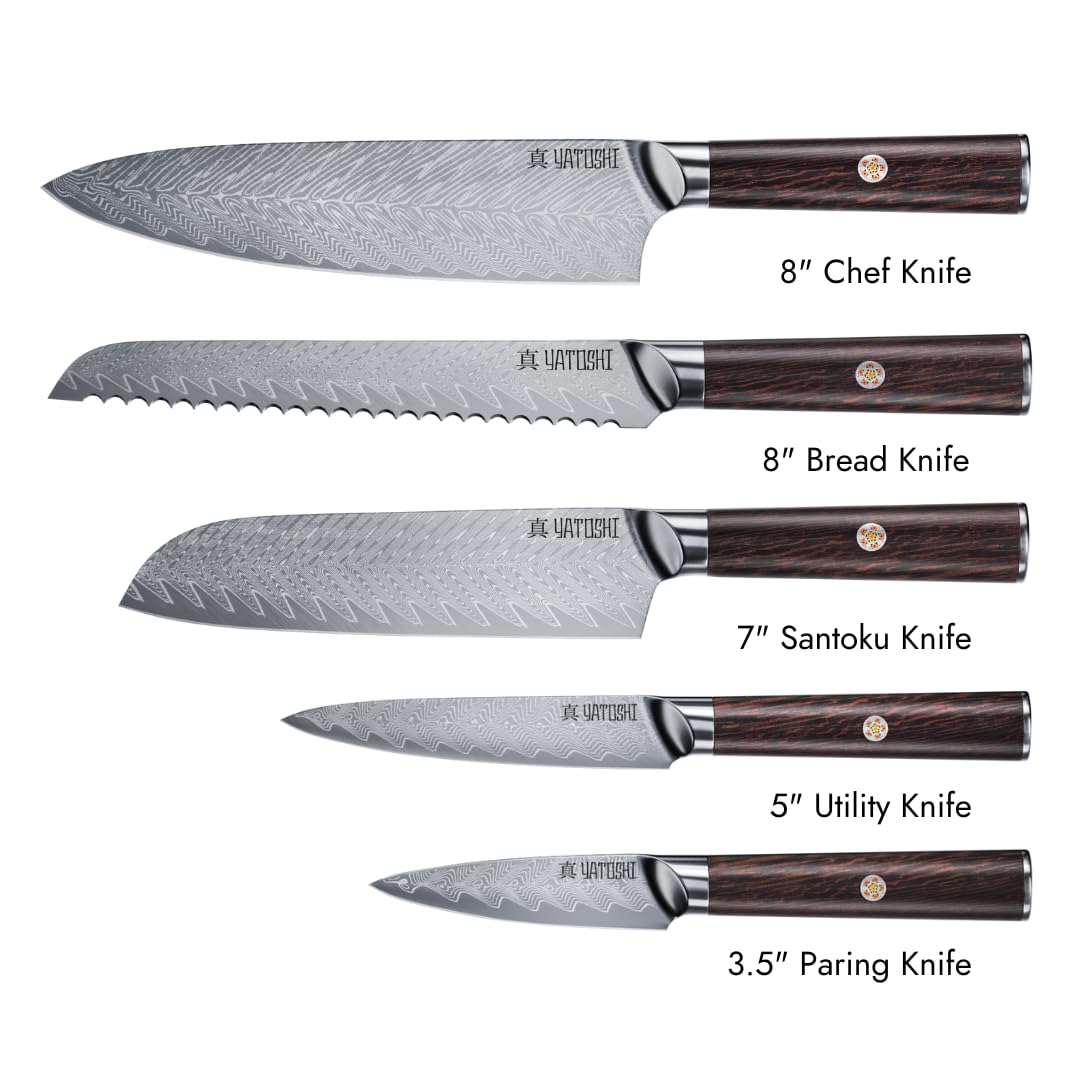 Yatoshi Knives Magnetic Kitchen Knife Block Set - Japanese 67 Layer High-Grade VG-10 Steel Knives, Sharp, G10 Handle Professional Kitchen Knife Set - Damascus (6 pieces), Brown Pakkawood Handles