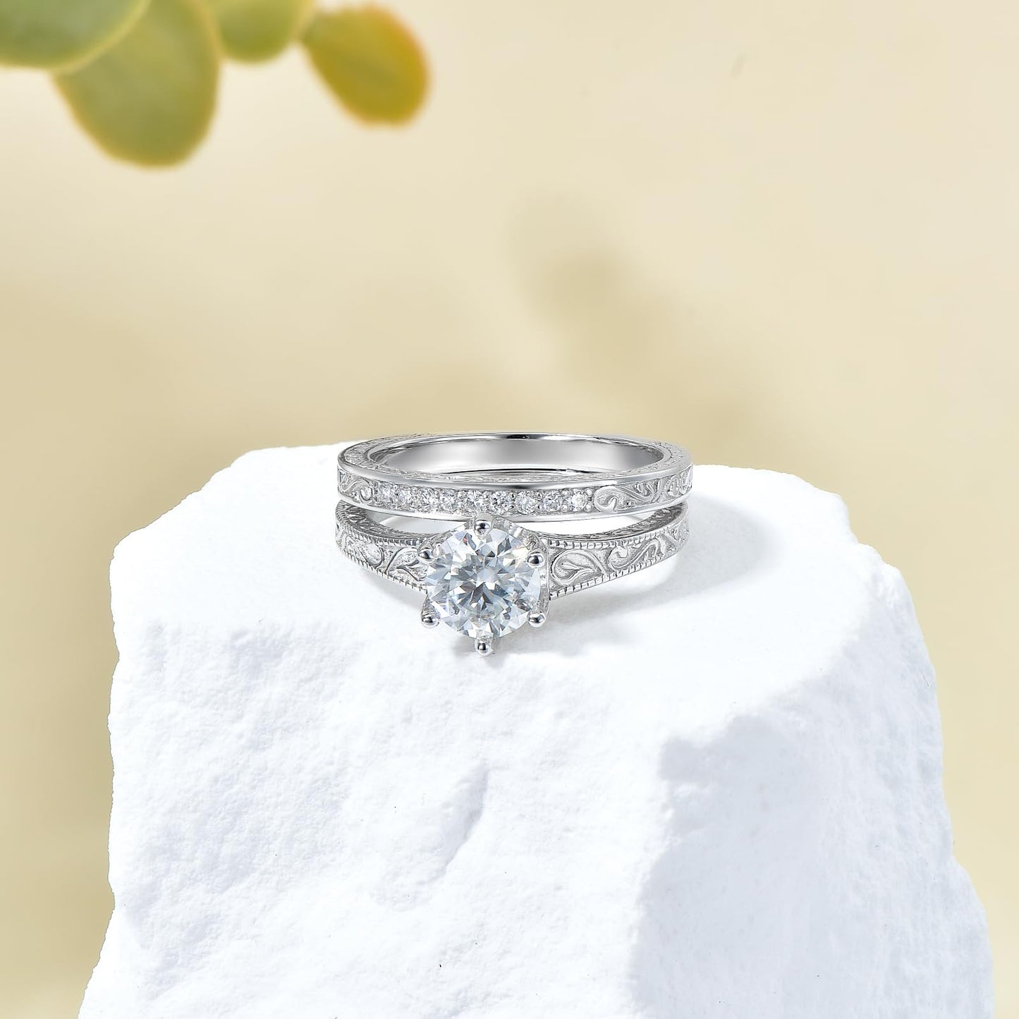 1-3 Carat Round Cut Moissanite Bridal Set Engagement Ring for Women 0.072 Carat Lab Grown Diamond 925 Sterling Silver/10k/14k/18k Real Gold Custom Wedding Engagement Ring Set Jewelry (D Color, VVS Clarity)-12