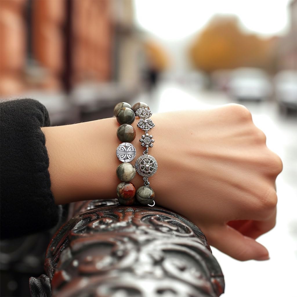 MetJakt Healing Crystals Beaded Bracelets for Womens Natural Gemstone 8mm Beads Stretch Bracelets with 925 Sterling Silver Double Happiness Pendant (African blood stone)